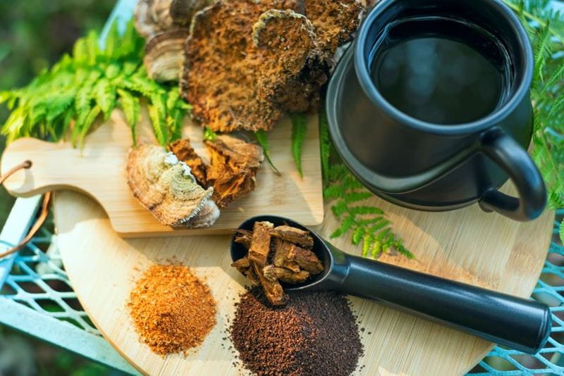 Dried mushrooms and and a cup of coffee
