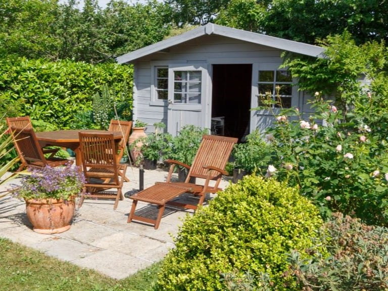 shed in a beautiful garden