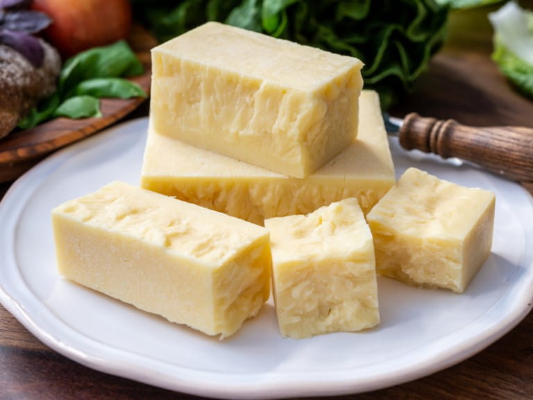 Blocks of cheddar cheese on a plate