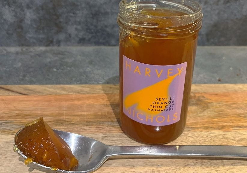 A jar of Harvey Nichols Seville Orange Thin Cut Marmalade