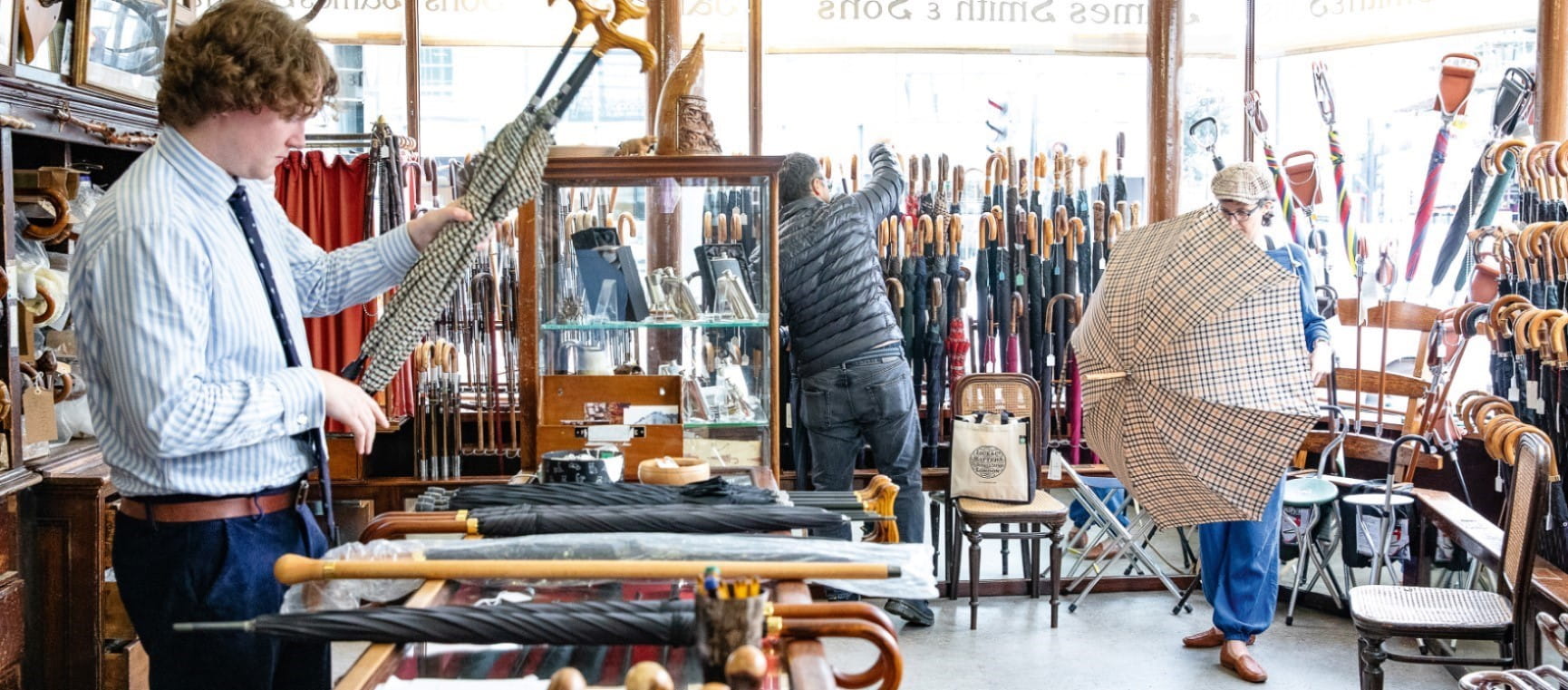 The inside of James Smith & Sons, one of the oldest walking stick and umbrella shops in the UK.