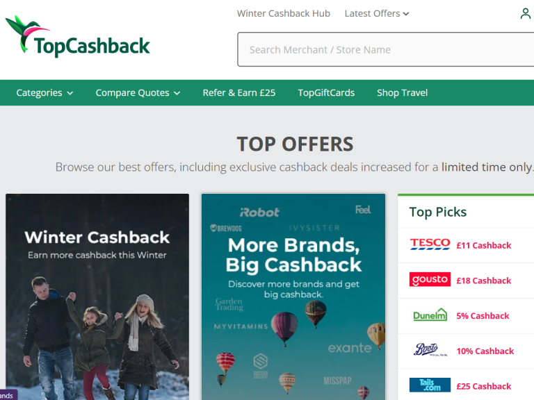 A screenshot of the TopCashback website