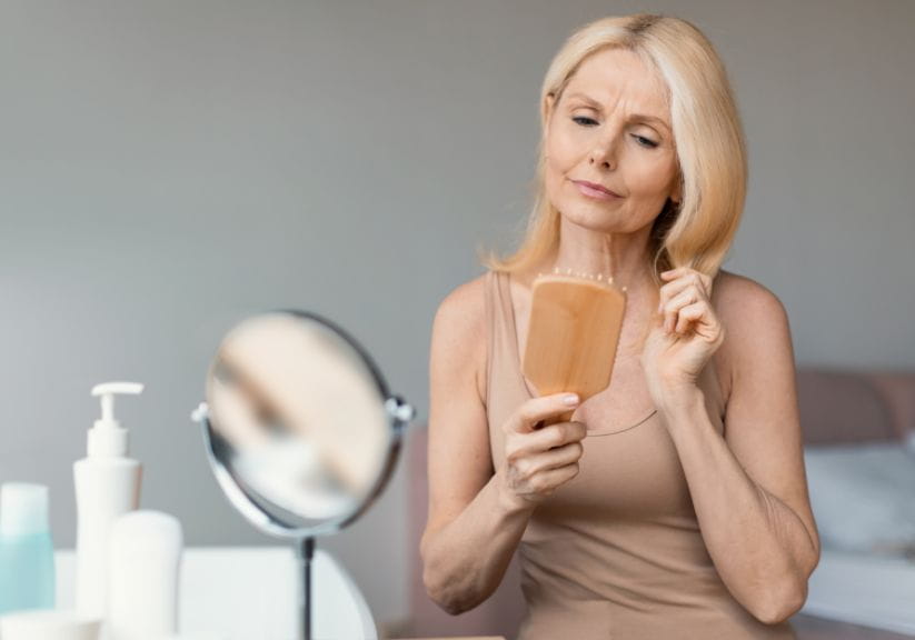 A woman brushing her hair by a mirror looking for falling out hairs