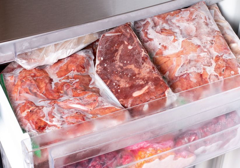 Packets of meat are seen frozen in a freezer