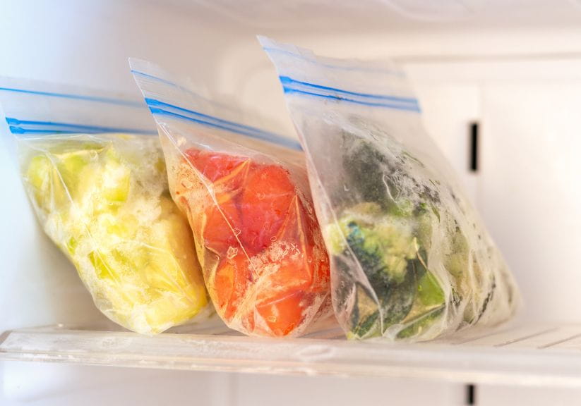 Three bags of frozen food are sat on a shelf in a freezer