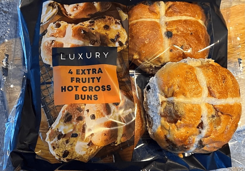 A packet of Iceland luxury hot cross buns