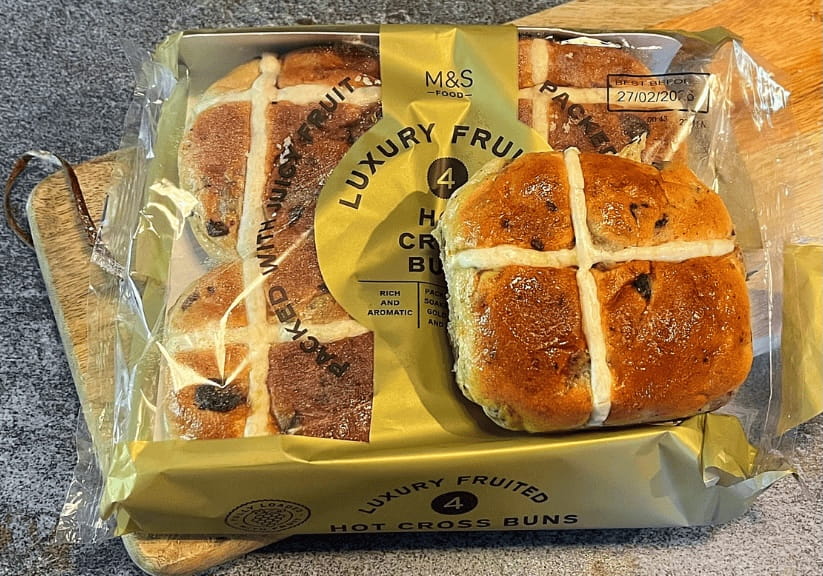 a packet of M&S luxury fruited hot cross buns