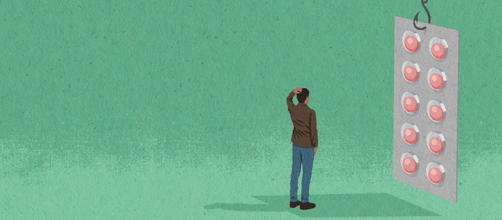 A depiction of a figure looking at a packet of antidepressants