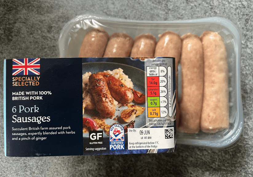 A packet of Aldi pork sausages