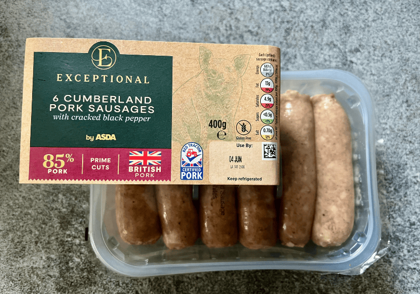 A packet of Asda Cumberland pork sausages