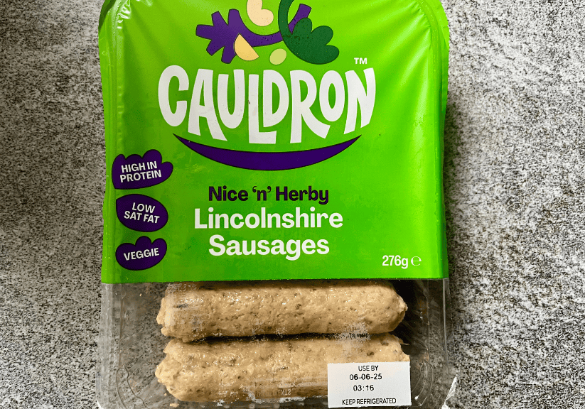A packet of Cauldron vegetarian sausages
