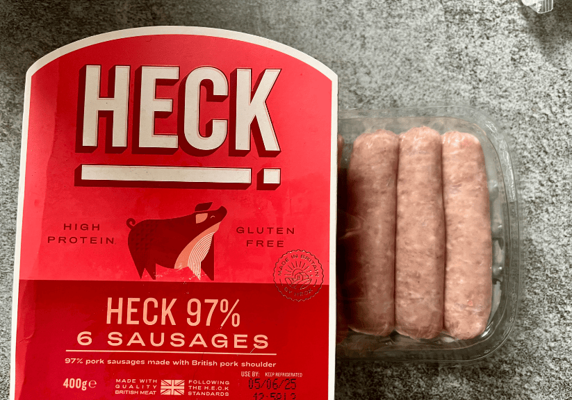 A packet of Heck gluten-free sausages