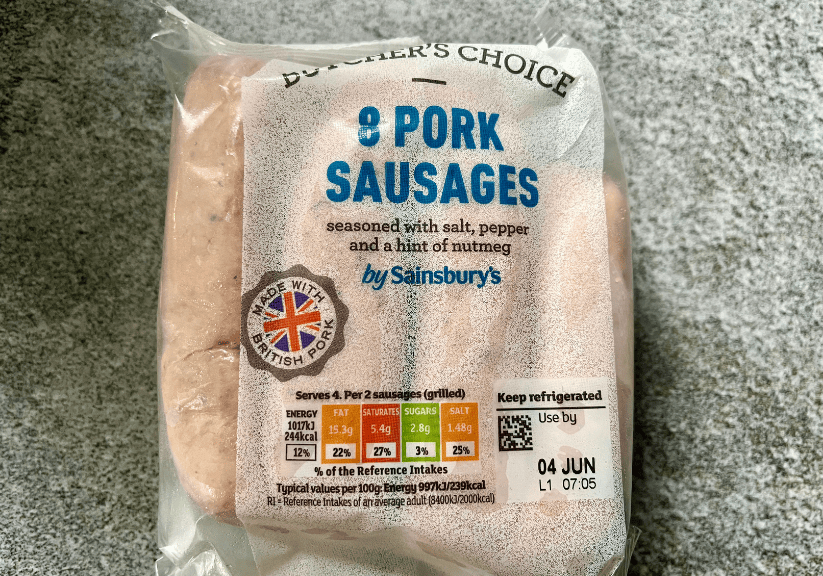 A packet of Sainsbury Butchers Choice pork sausages