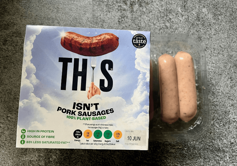 A packet of plant-based sausages