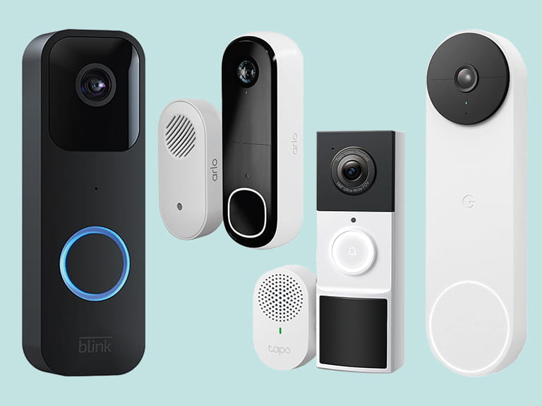 Ring doorbells, from left: Blink, Arlo (top middle), Tapo (middle bottom) and Google
