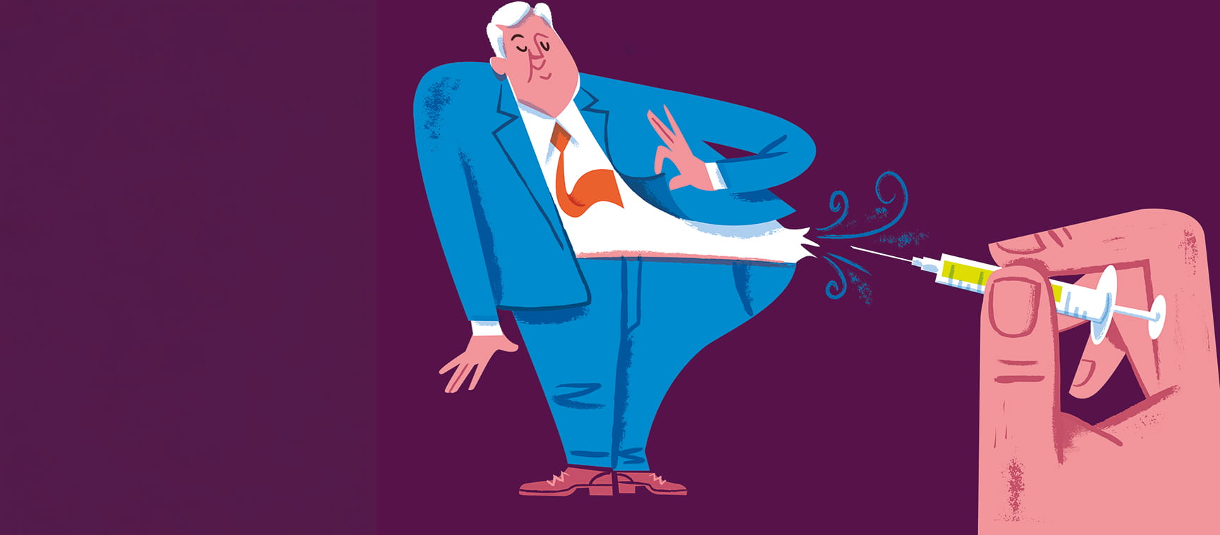 Cartoon of a person in a suit having their waistline shrunk by a large syringe