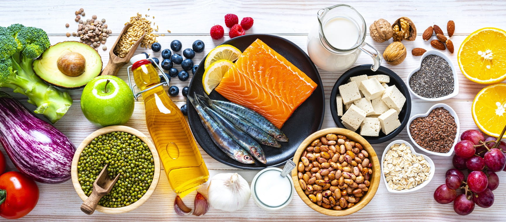 Group of fresh multicolored foods to help lower cholesterol levels