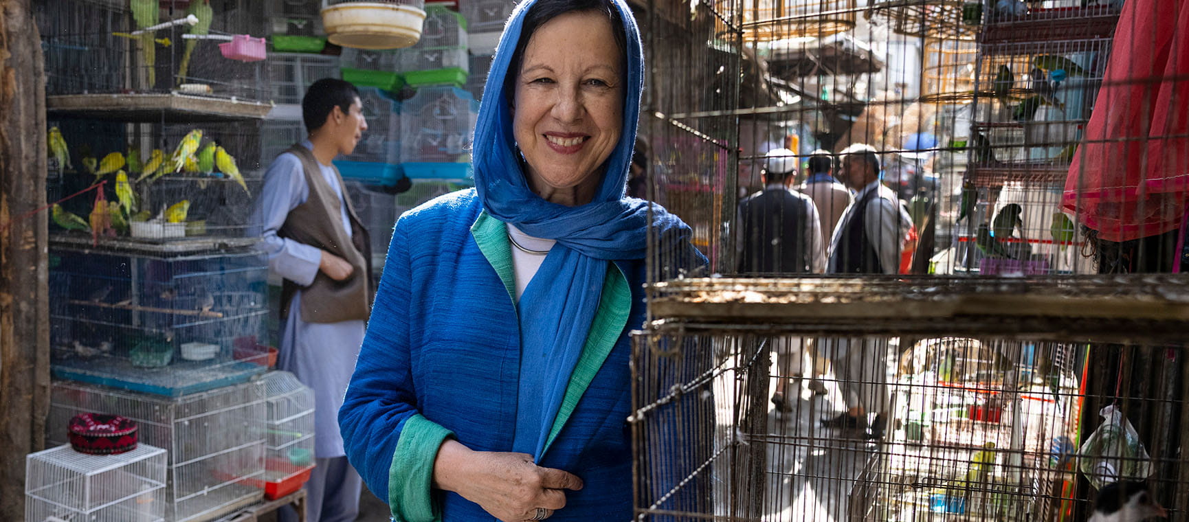 Lyse Doucet at a bird market in Kabul, Afghanistan