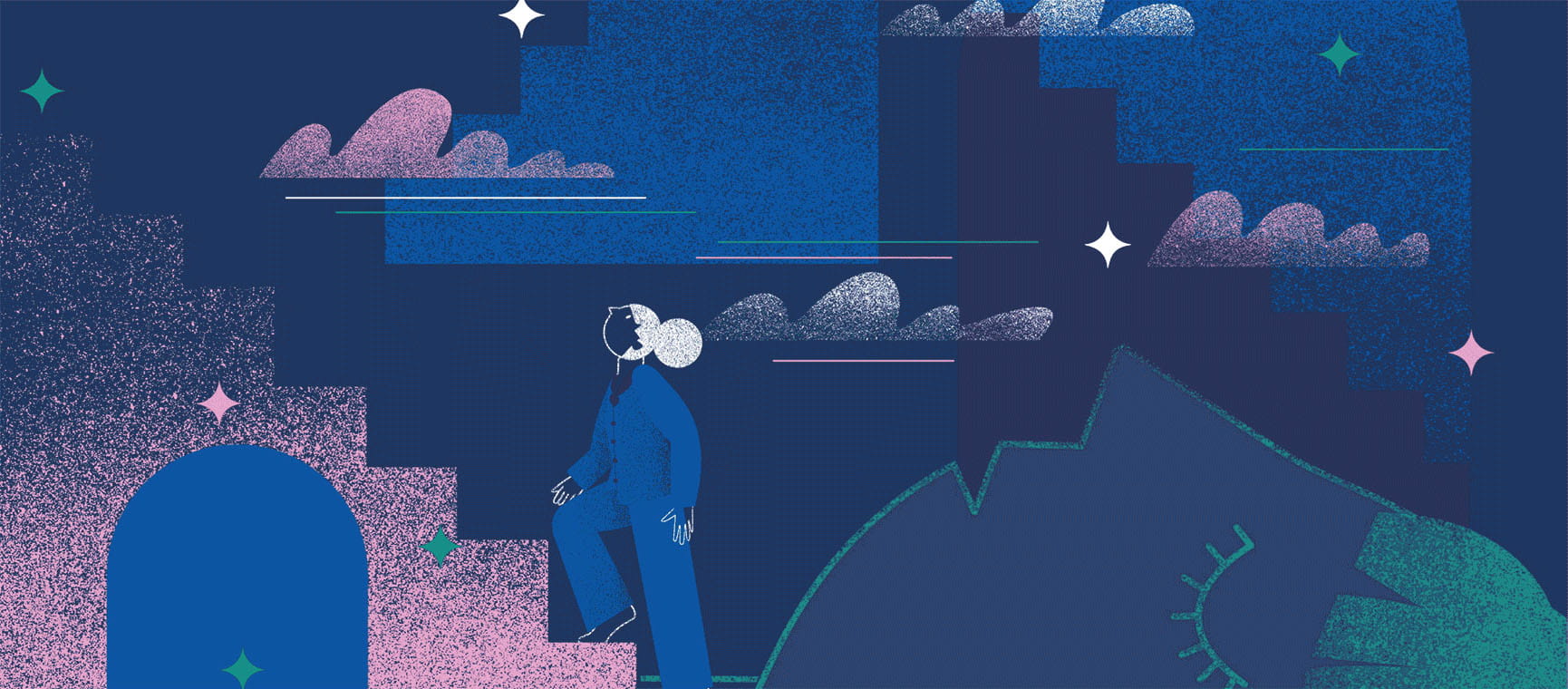 An illustration of a person walking in a dreamscape