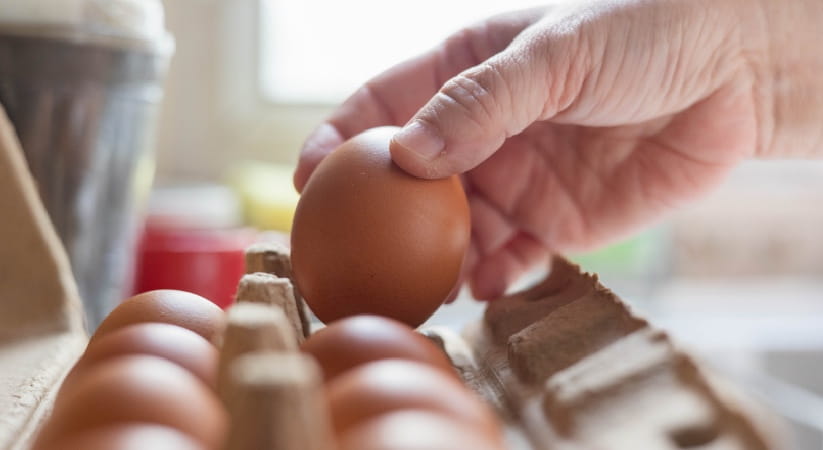 Close up of a hand taking an egg out of a box