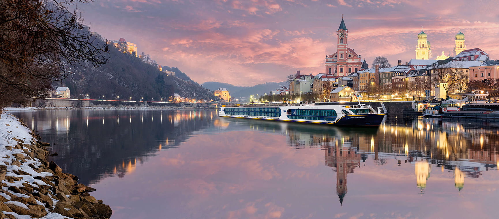 A Saga river cruise ship in Passau over Christmas