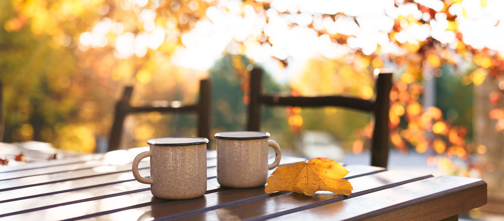 Two mugs on a garden table next to an autumnal leaf