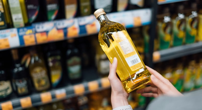 Person looking at bottle of olive oil in supermarket