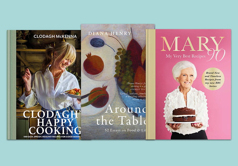 Clodagh’s Happy Cooking, Around the Table, and Mary 90 books laid out side by side