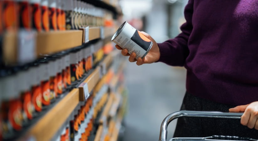 Close up of a woman in purple with a shopping trolley looking at a tin of food