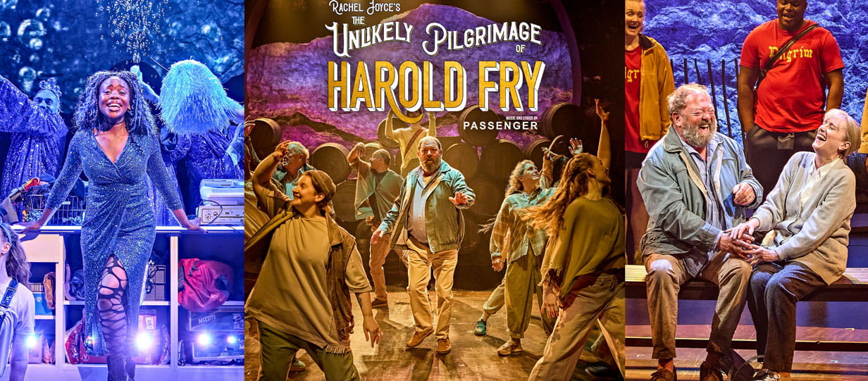 A composite of three images showing scenes from the play