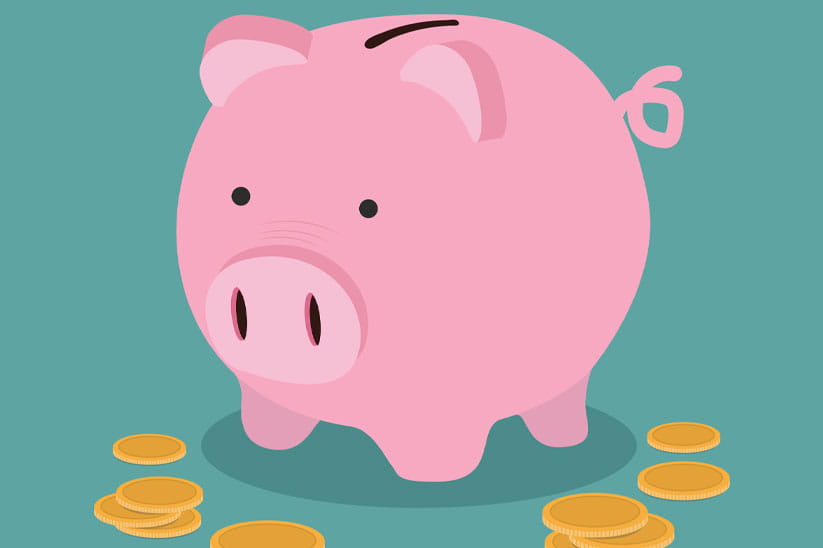 Illustration of a pink piggy bank on a teal background with gold coins on the ground in front of it