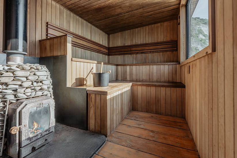 A fire inside a sauna