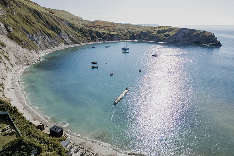 An arial shot of Lulworth Cove