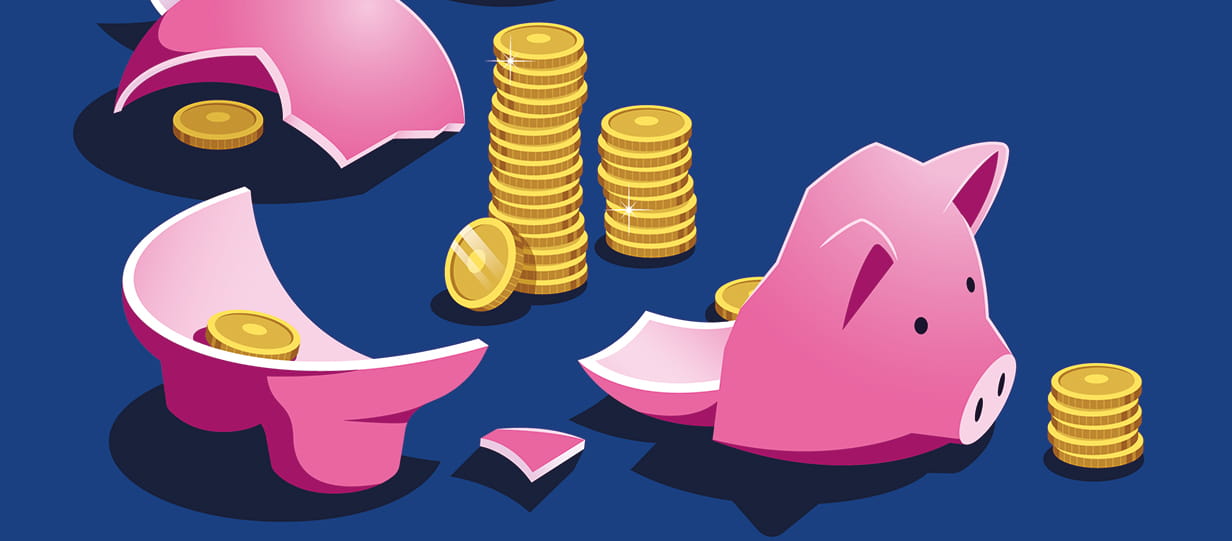 An illustration of a broken piggy bank full of coins