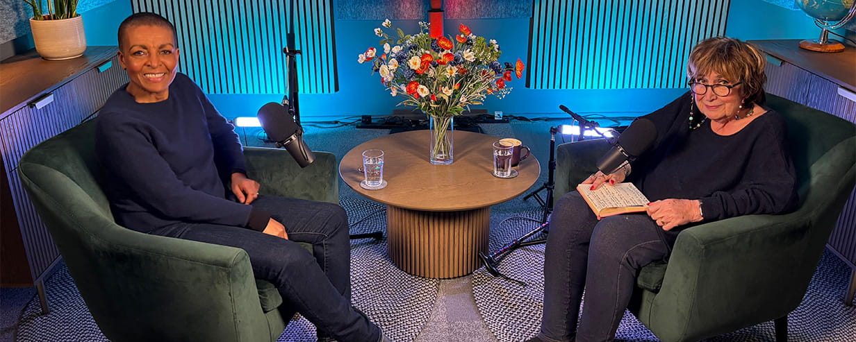 Adjoa Andoh and Jenni Murray film the Saga podcast