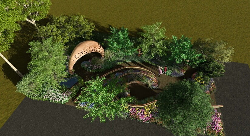 Illustration showing an aerial view of Arit Anderson's Chelsea garden