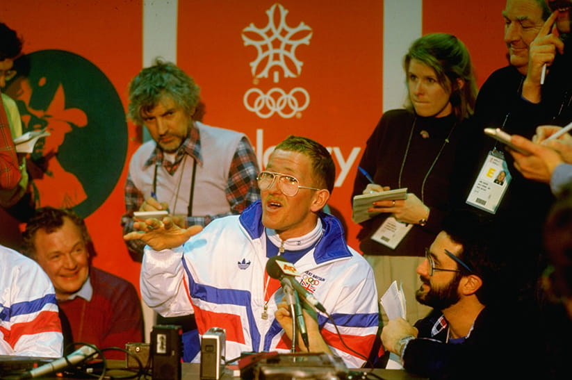 Eddie the Eagle at a press conference 