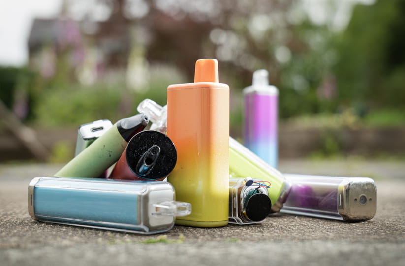 Close up of a group of empty vapes on the pavement