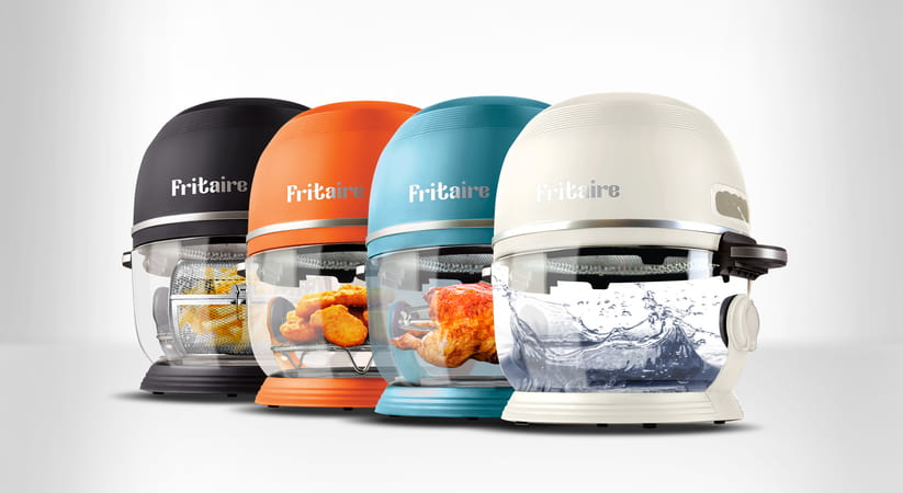 Row of Fritaire self cleaning air fryers in multiple colours