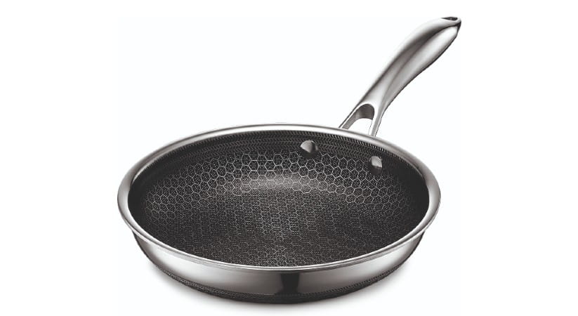 Close up of Hexclad frying pan against a white background