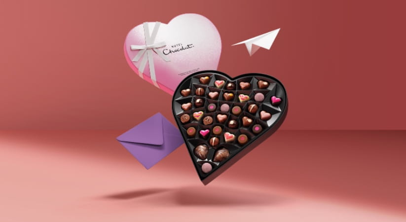 Hotel Chocolat Straight from the Heart chocolates against a red background