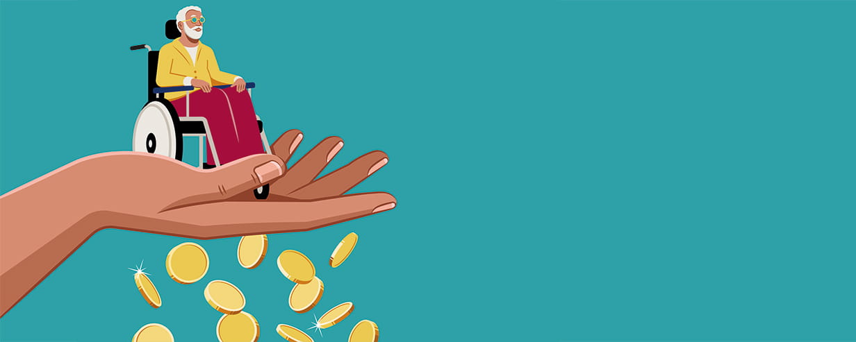 An illustration of a hand holding aloft a man in a wheelchair, with coins tumbling in the background