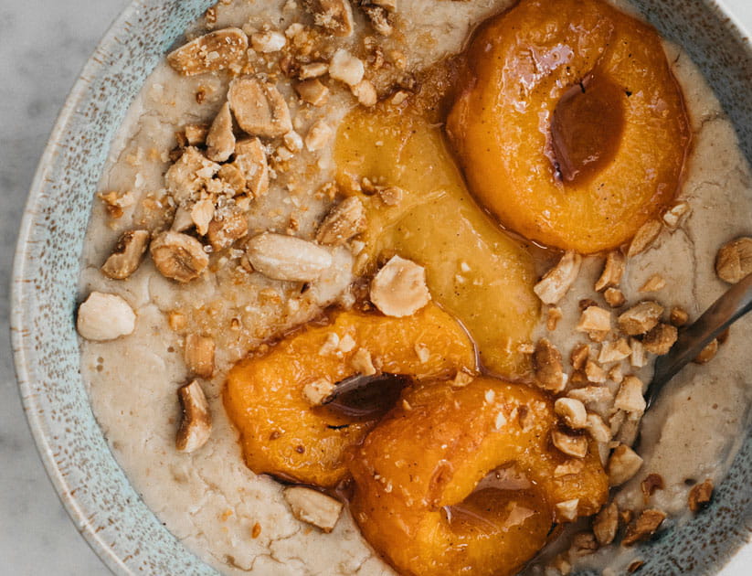 Roasted apricot porridge with almond milk and nuts