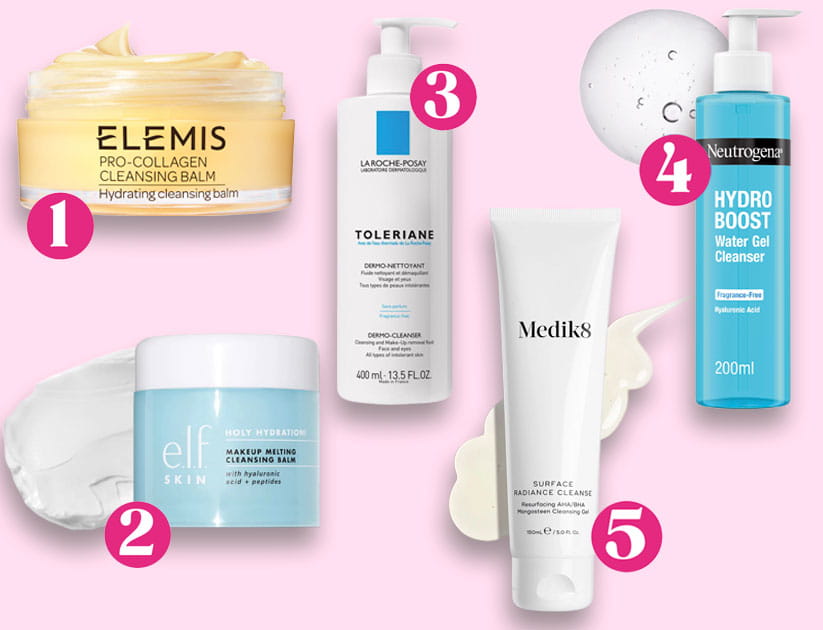 A selection of facial cleansers for older skin with white numbers in pink roundels from 1 to 5