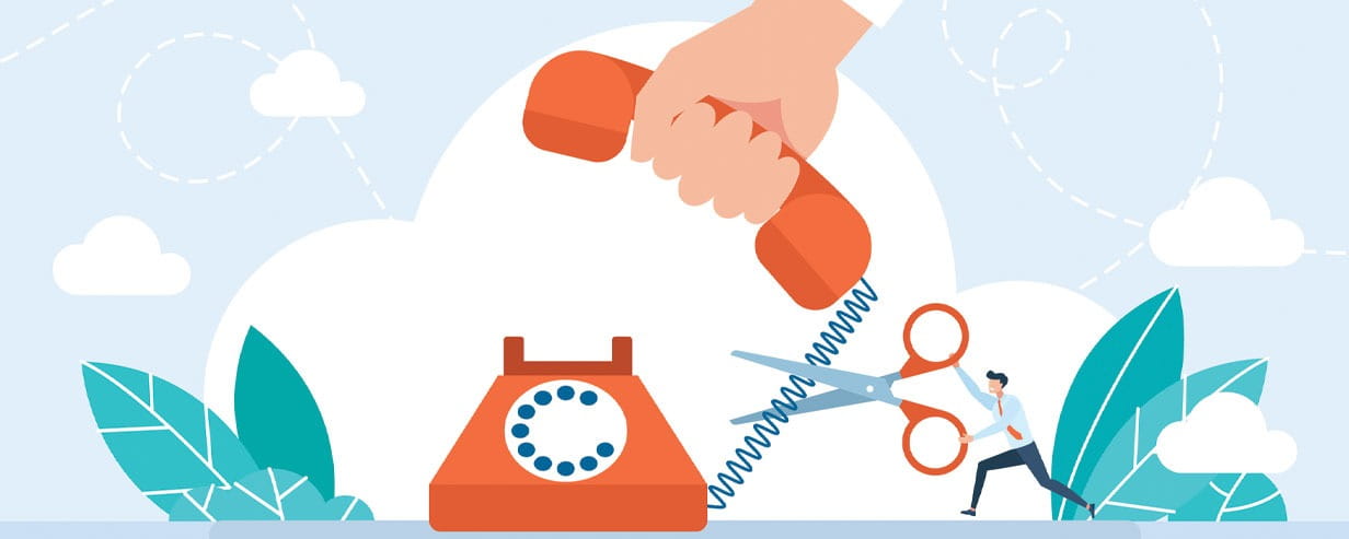 Illustration showing a man cutting a telephone wire with a pair of scissors