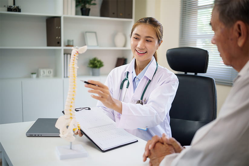 A doctor pointing with a pen at a model of a spine whilst talking to an older patient