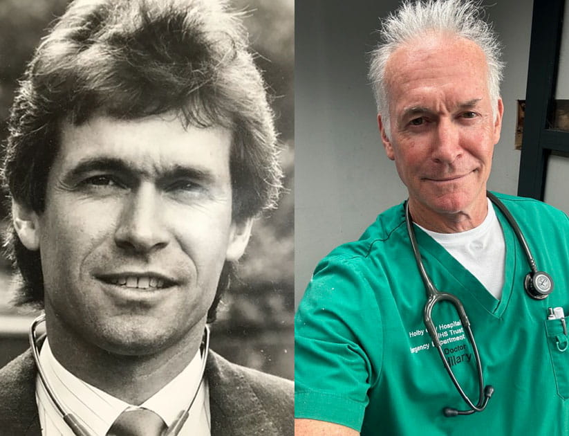 Dr Hilary Jones as a young doctor (left); and on the set in Casualty in green scrubs with a stethoscope around his neck (right)