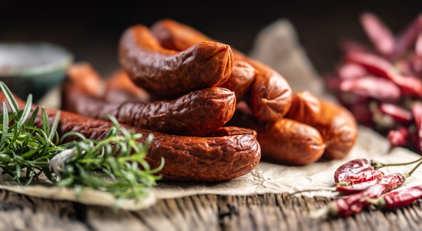 Close up of a pile of cooked sausages on a wooden chopping board