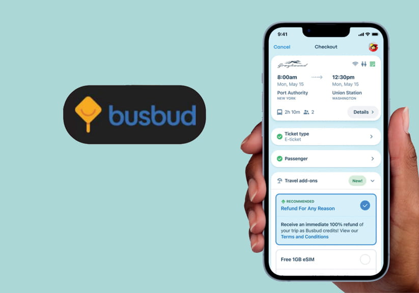 The busbud logo and a hand holding a phone with the busbud app open on it