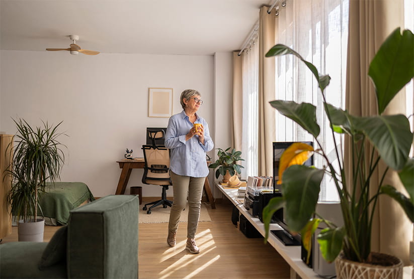 An older woman walks around her apartment holding a mug of coffee